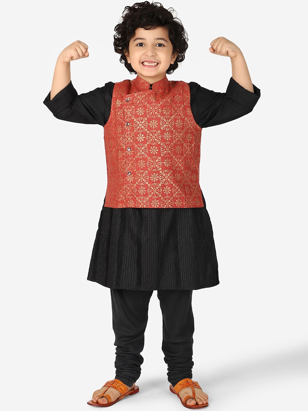 

Fabindia Boys Red & Gold Printed Silk Matka Nehru Jackets