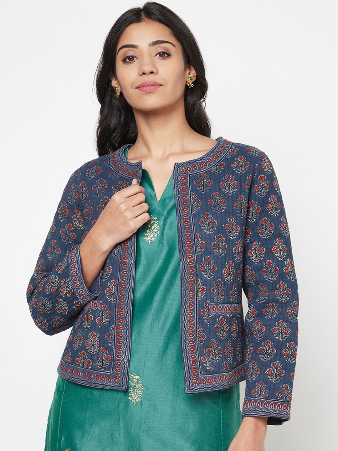 

Fabindia Women Blue Floral Tailored Jacket with Embroidered