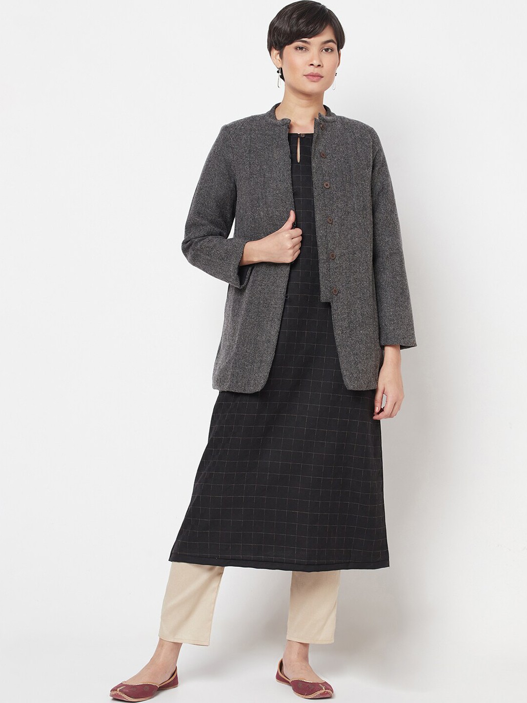 

Fabindia Women Grey Longline Woolen Tailored Jacket