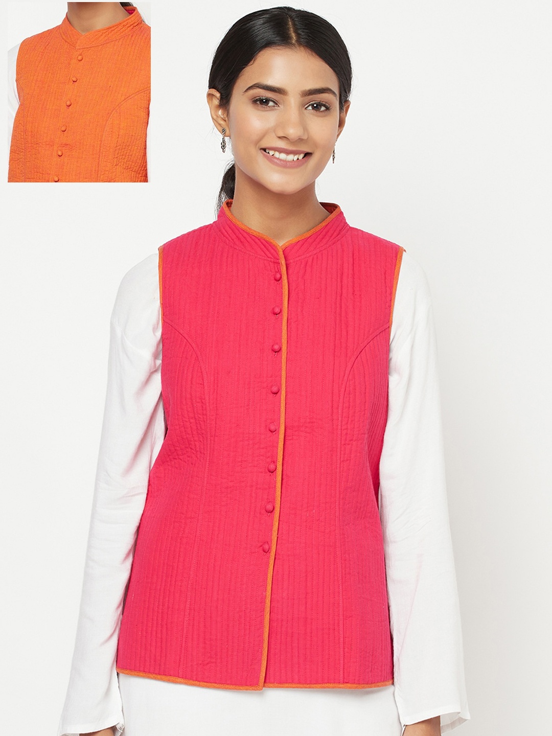 

Fabindia Women Pink Orange Cotton Longline Reversible Open Front Jacket