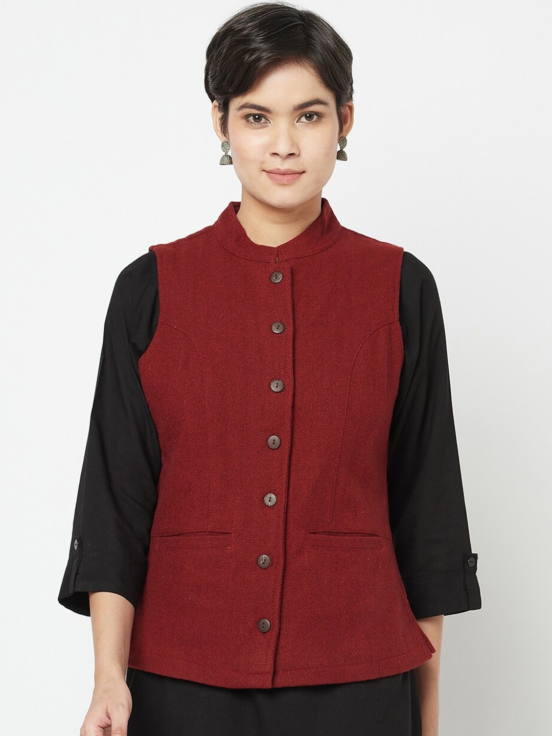 

Fabindia Women Rust Self Design Wool Tailored Jacket