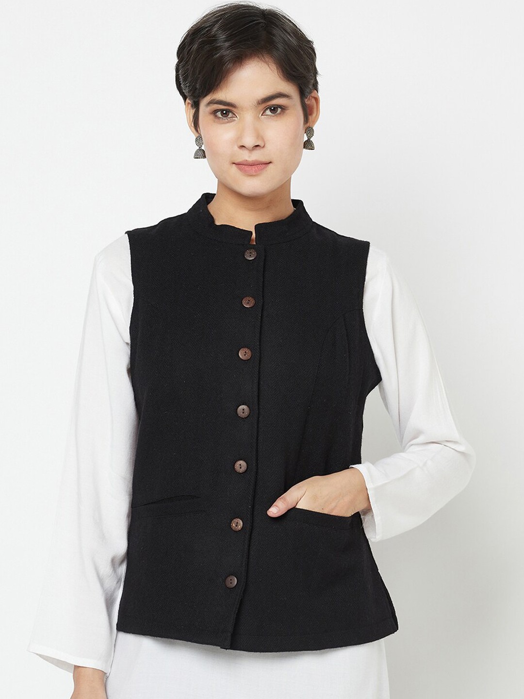 

Fabindia Women Black Tweed Pocket Detail Tailored Jacket