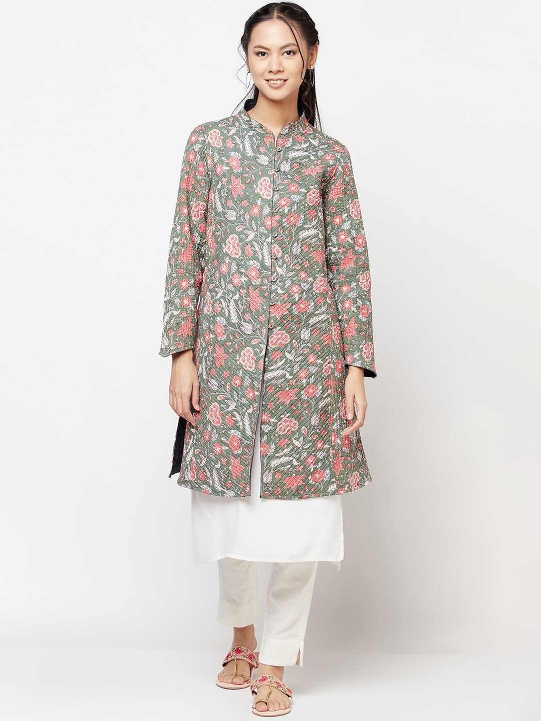 

Fabindia Women Navy Blue Floral Reversible Longline Quilted Jacket
