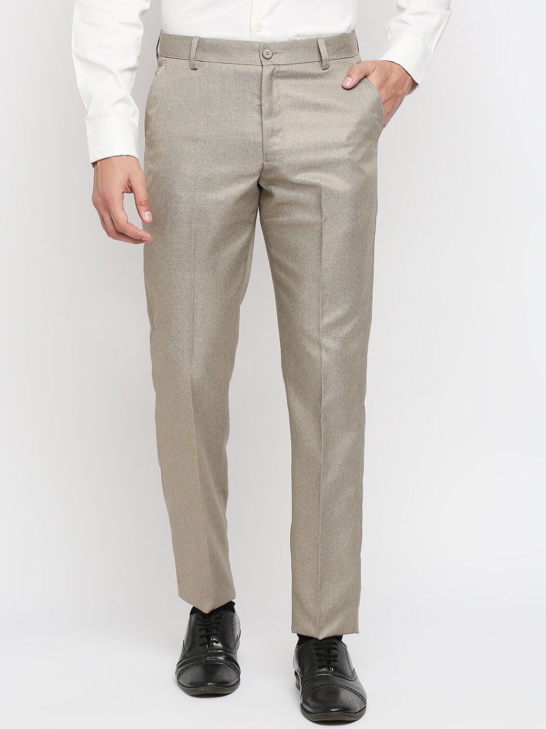 

Solemio Men Khaki Relaxed Textured Formal Trousers