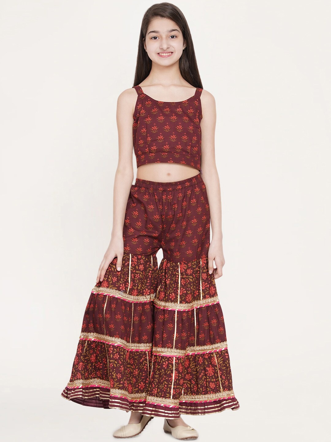 

titliyan Girls Burgundy Ethnic Motifs Printed Angrakha Gotta Patti Pure Cotton Kurti with Sharara