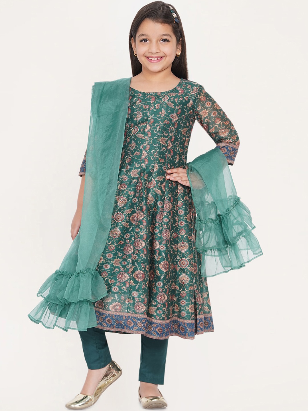 

titliyan Girls Green Floral Printed Kurta with Churidar & With Dupatta
