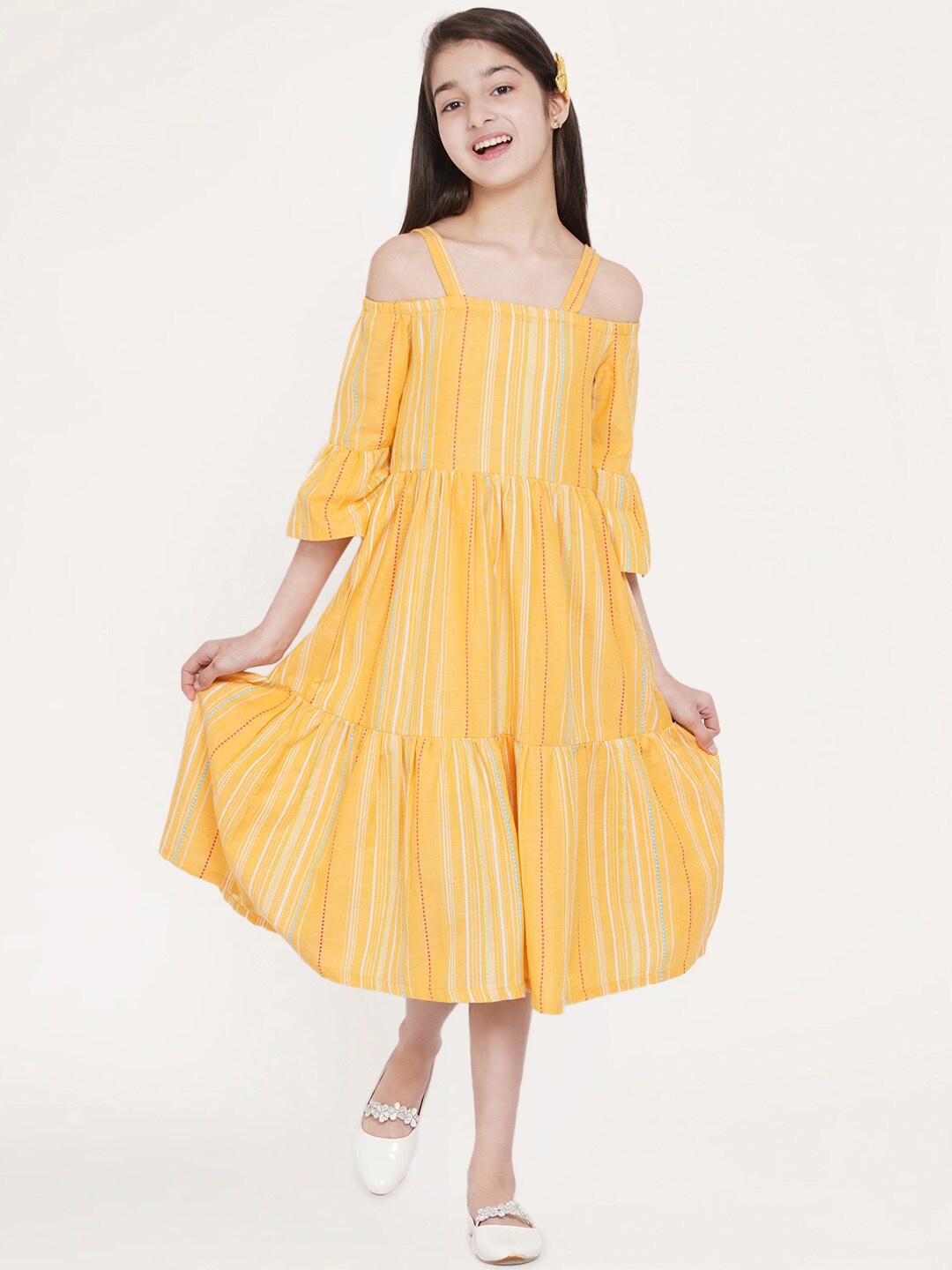 

titliyan Yellow Striped Ethnic A-Line Midi Dress