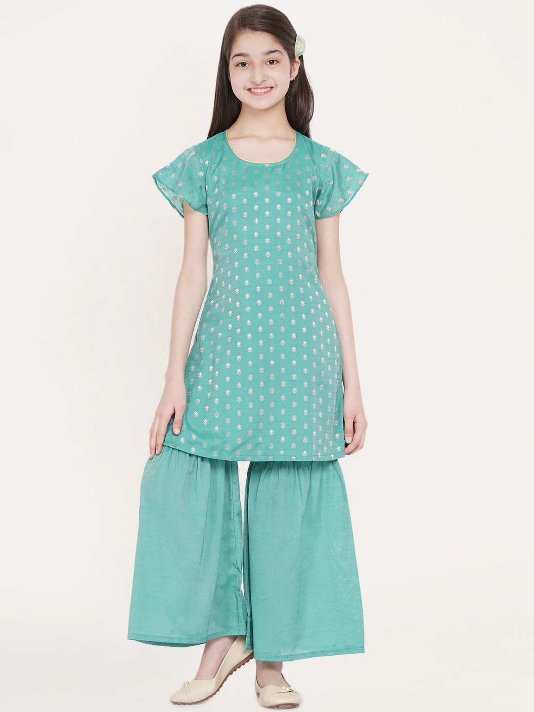 

titliyan Girls Green Ethnic Motifs Chanderi Silk Kurti with Sharara