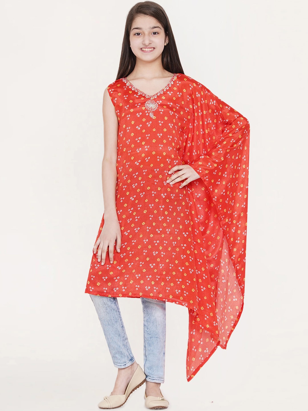 

titliyan Girls Orange Geometric Flared Sleeves Thread Work Kurta