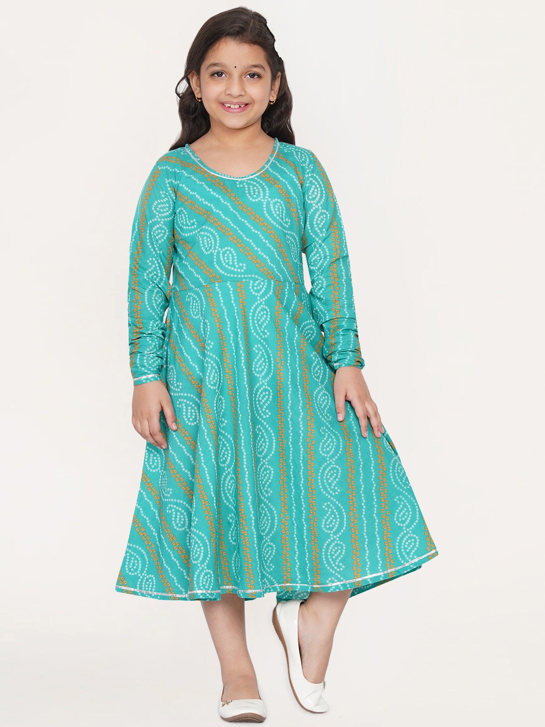 

titliyan Girls Turquoise Blue & Mustard Yellow Bandhani Printed Cotton Midi Dress
