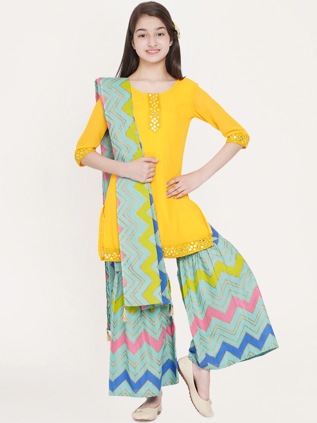 

titliyan Girls Yellow & Blue Printed and Mirror work Kurta Sharara With Dupatta