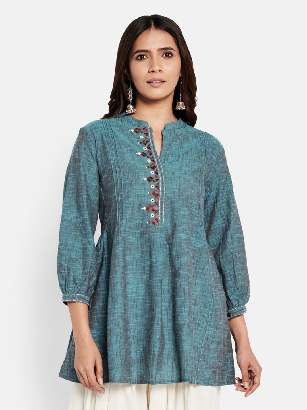 

Fabindia Blue & Purple Mandarin Collar Embroidered Cotton Tunic