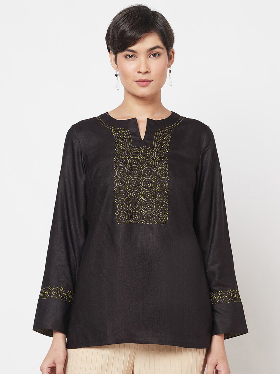

Fabindia Women Black & Yellow Embroidered Tunics