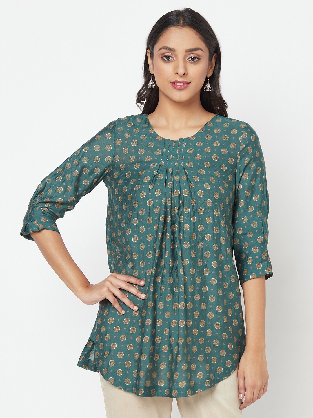 

Fabindia Teal & Beige Ethnic Motifs Printed Tunic