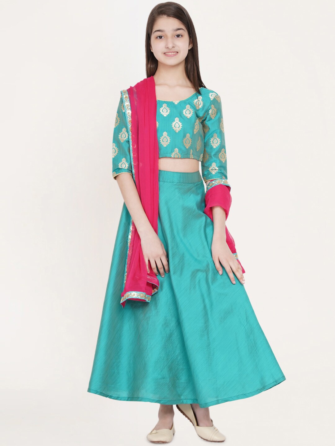 

titliyan Girls Blue & Pink Printed Ready to Wear Lehenga & Blouse With Dupatta