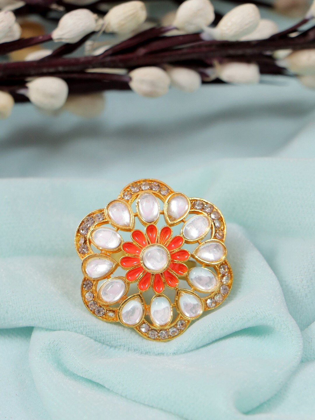 

Crunchy Fashion Women Gold-Plated White Kundan-Studded Meenakari Finger Ring