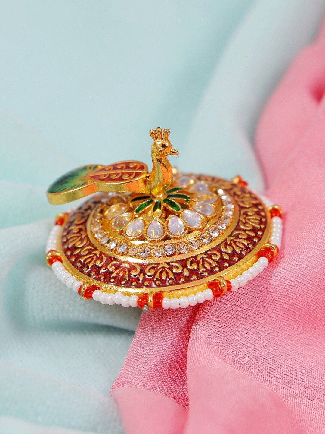 

Crunchy Fashion Gold-Plated & Red Meenakari Peacock Wedding Ring