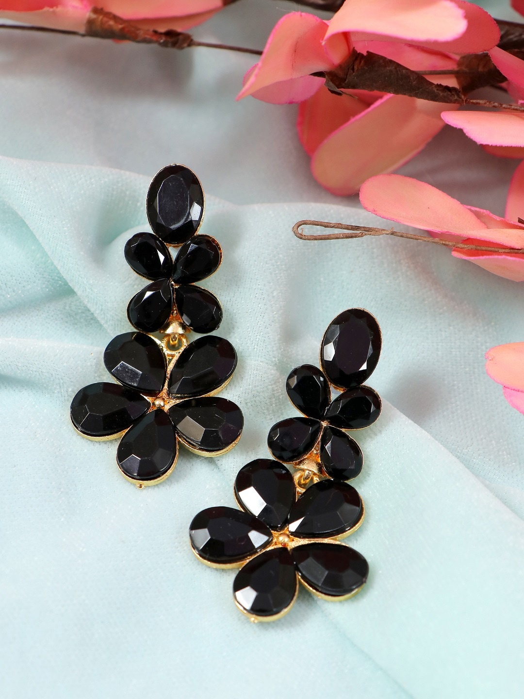 

Crunchy Fashion Black & Gold-Toned Stone Studded Floral Drop Earrings