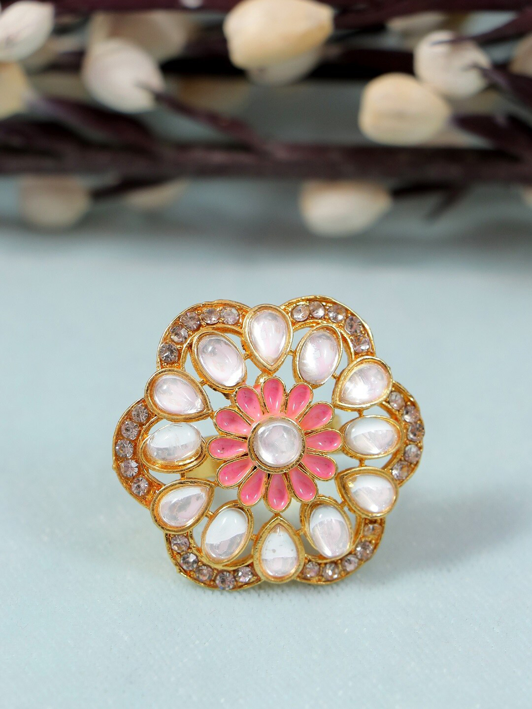 

Crunchy Fashion Gold-Plated White Kundan-Studded Meenakari Finger Ring