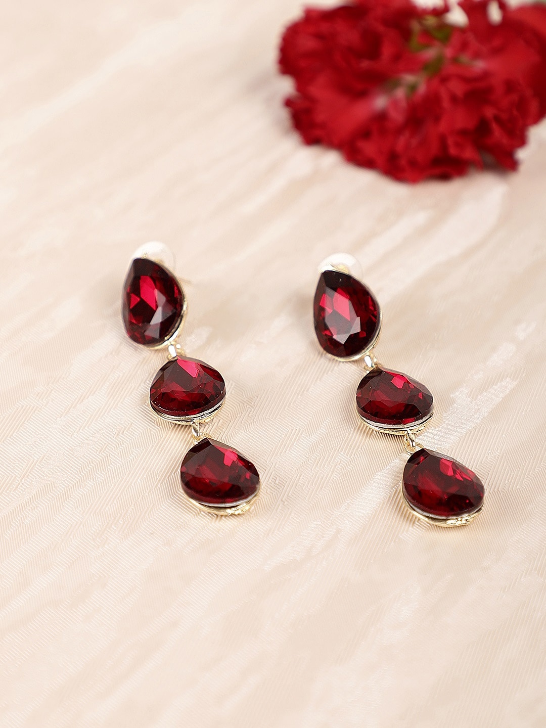 

Crunchy Fashion Red & Gold-Toned Stone Studded Contemporary Drop Earrings