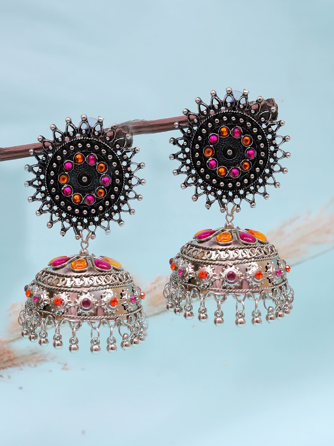 

Crunchy Fashion Pink & Yellow Oxidised Contemporary Jhumkas Earrings