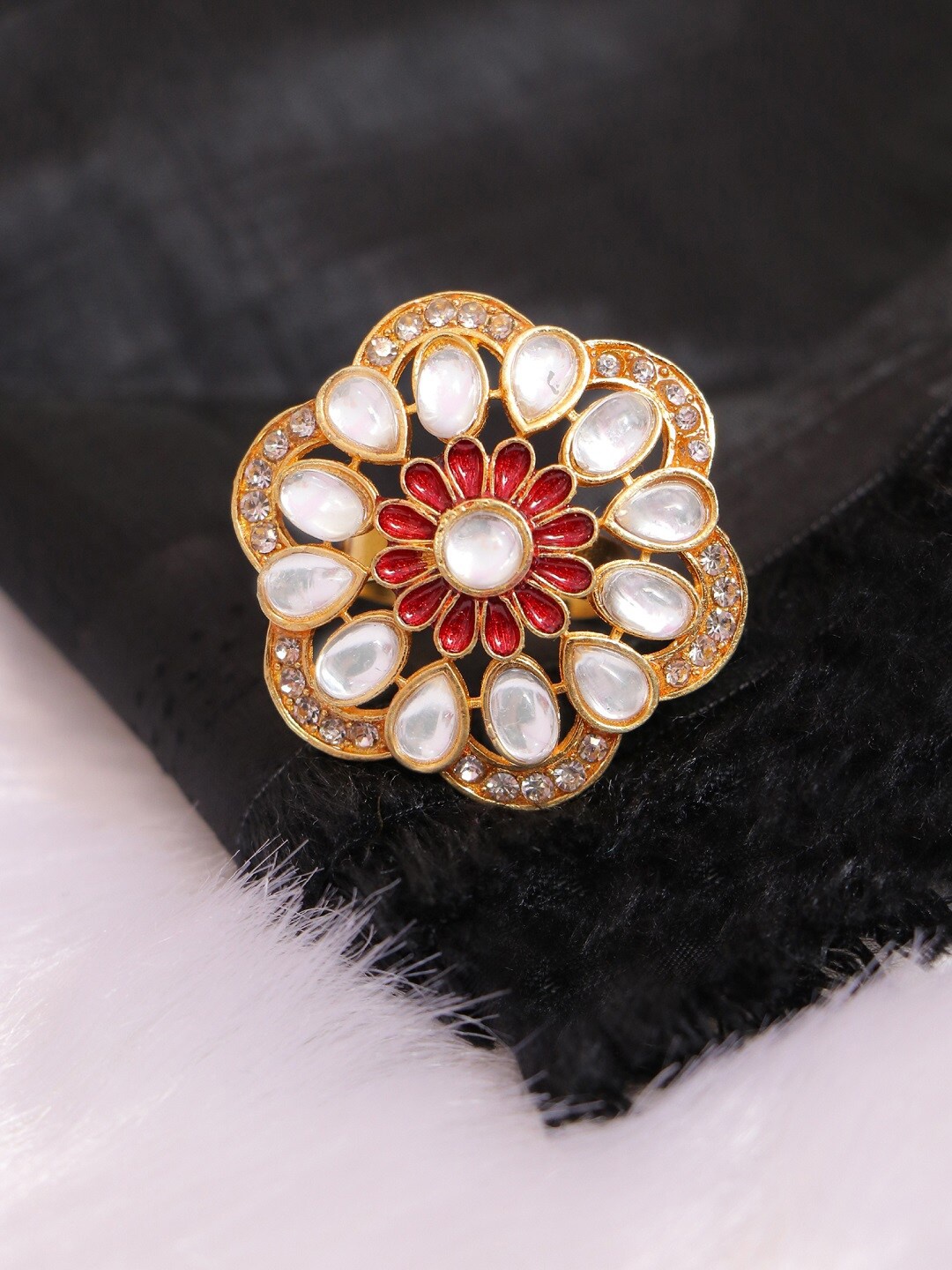

Crunchy Fashion Women Gold-Plated Red & White Kundan Studded Cocktail Finger Ring