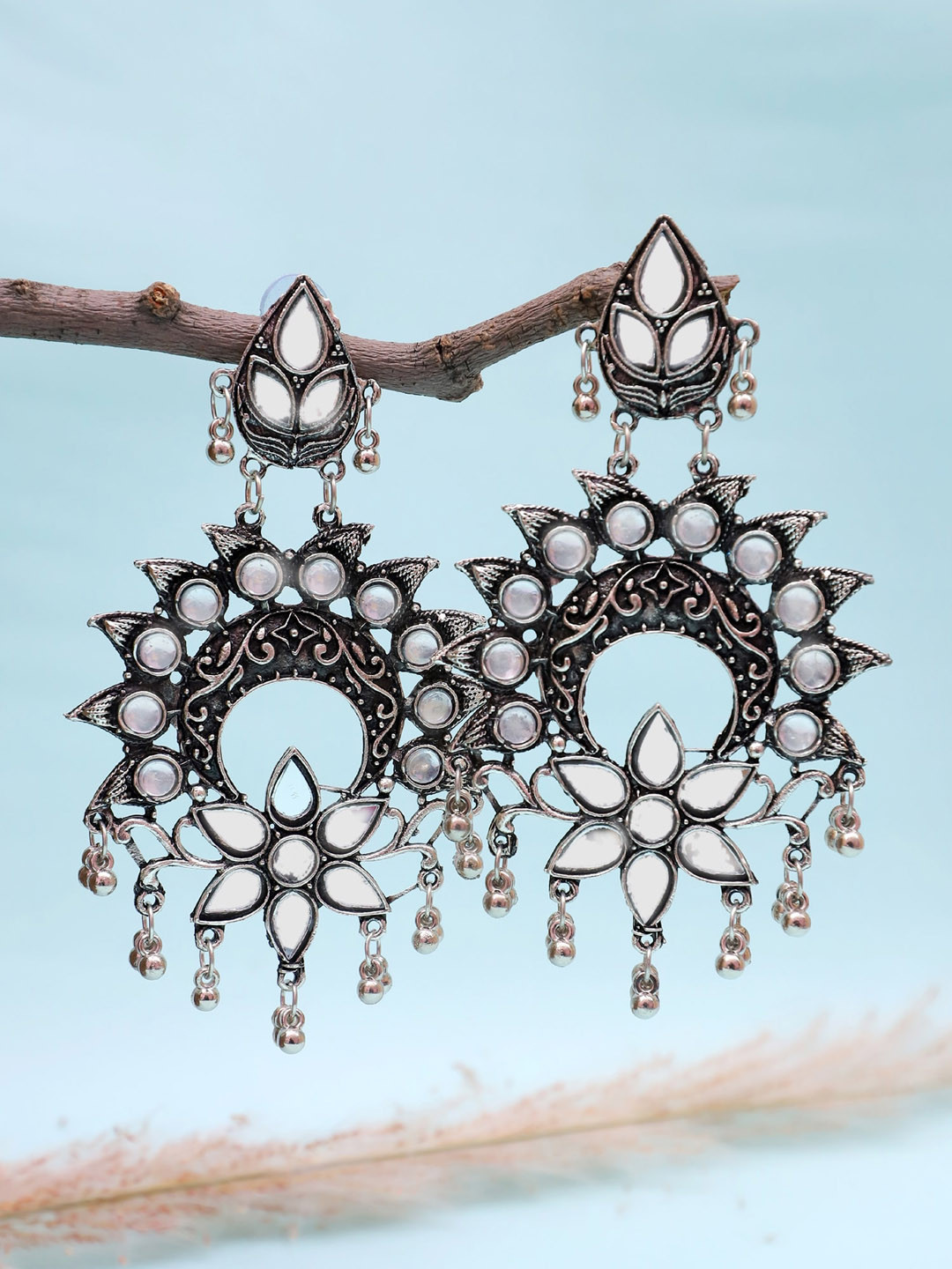 

Crunchy Fashion Oxidised Silver-Plated White Stone Studded Mirror Drop Earrings