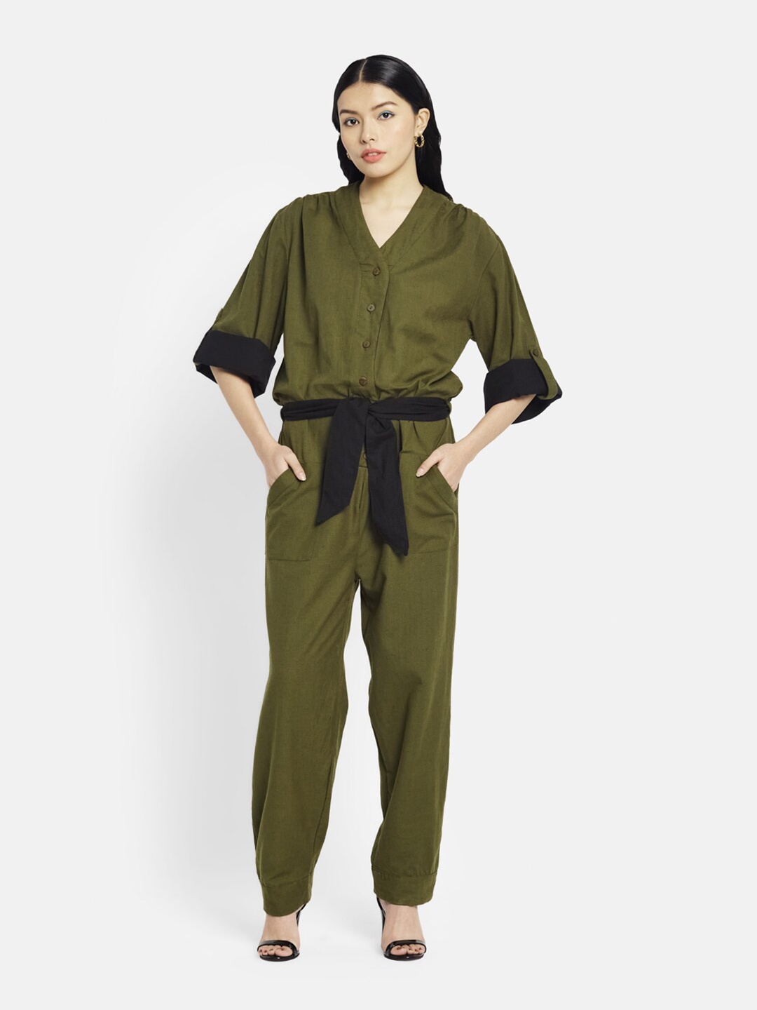 

Fabindia Olive Green Cotton Basic Jumpsuit