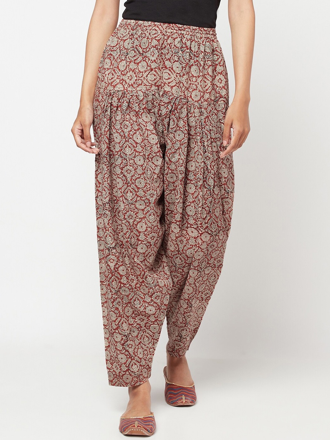 

Fabindia Women Maroon & Beige Floral Printed Pure Cotton Slim-Fit Salwar