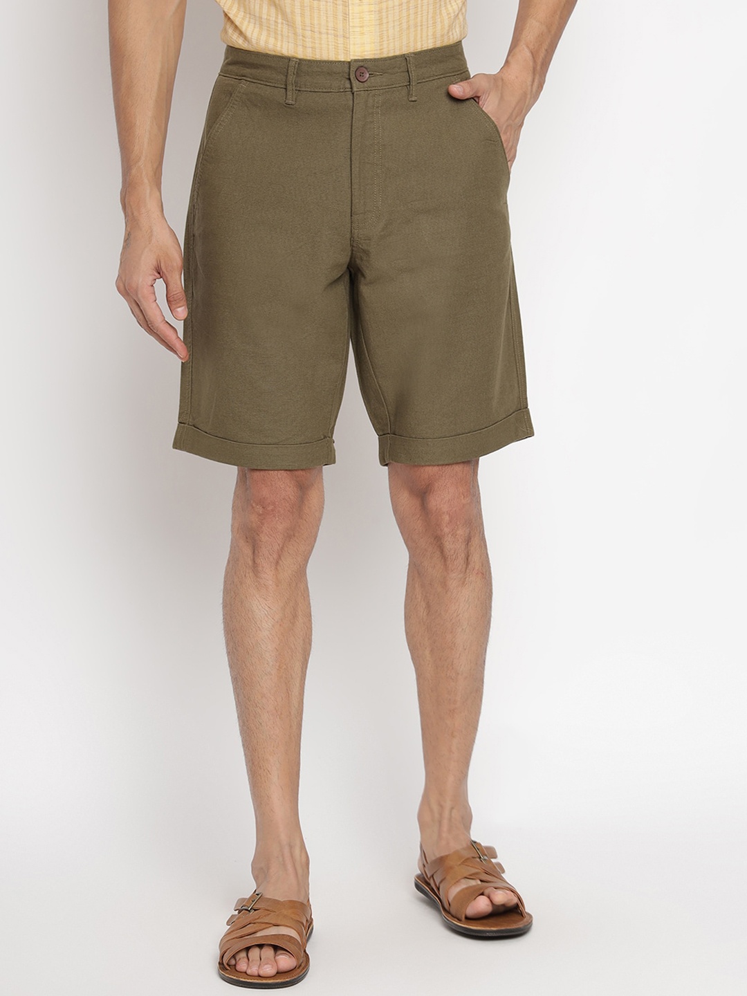 

Fabindia Men Olive Green Solid Cotton Shorts