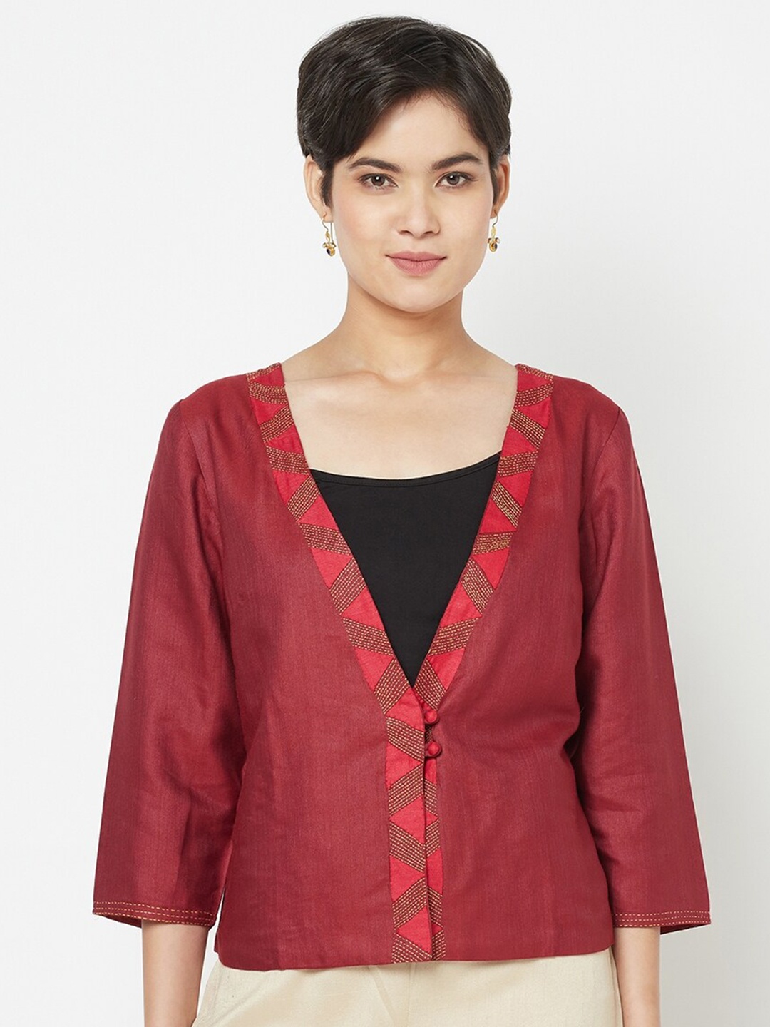 

Fabindia Women Red Embroidered Crop Shrug