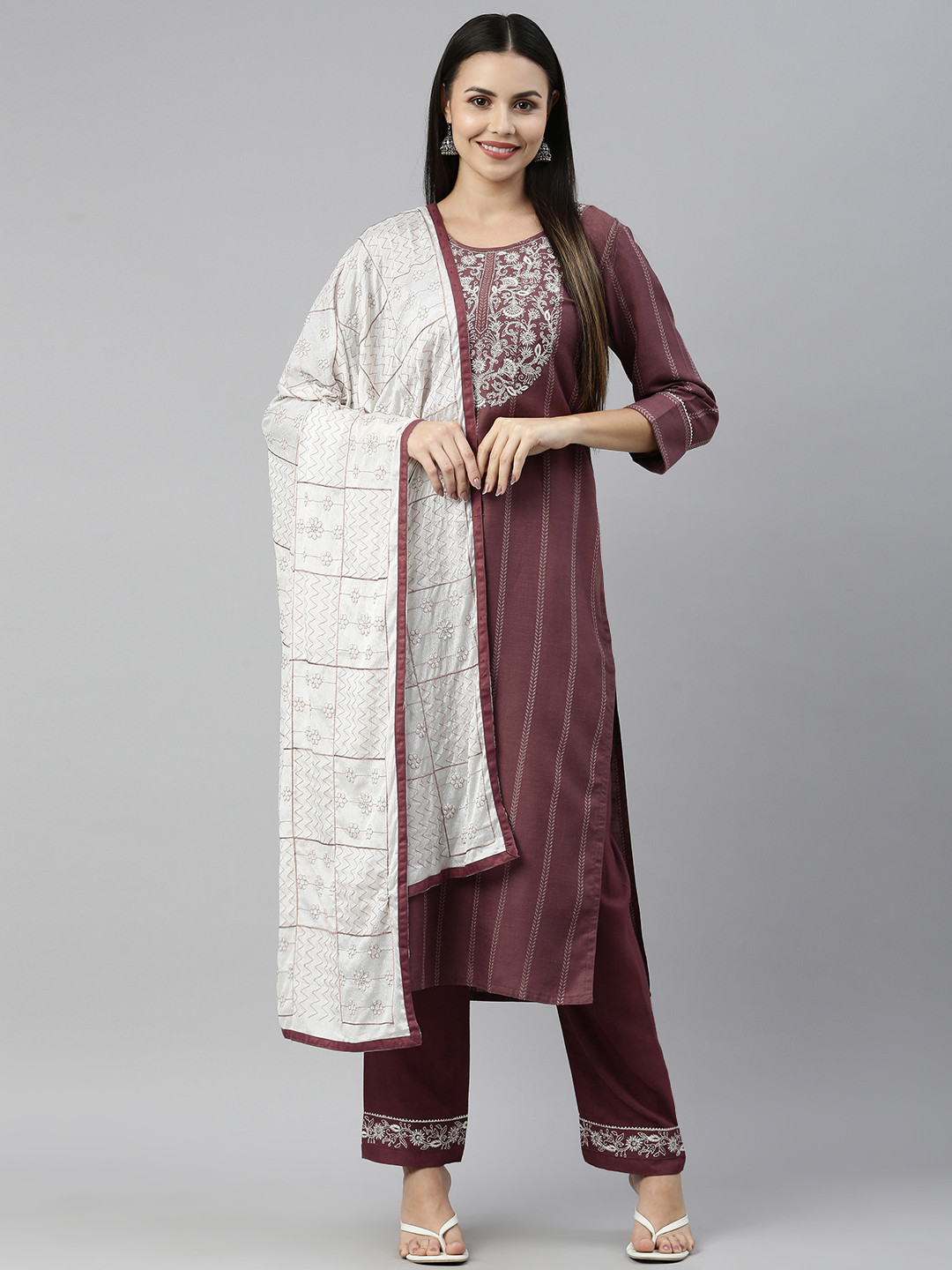 

SheWill Women Purple Ethnic Motifs Embroidered Kurta with Trousers & With Dupatta