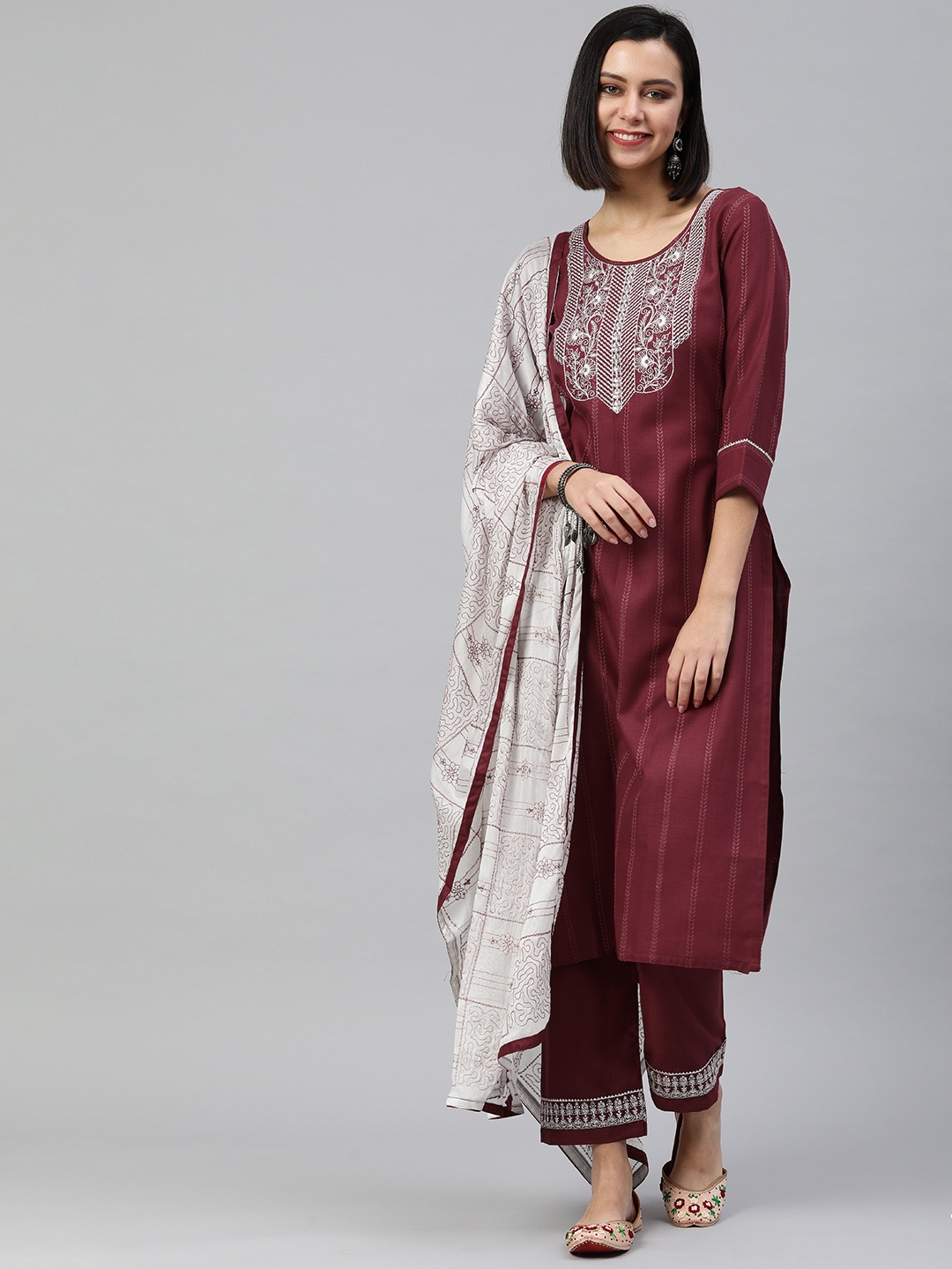 

SheWill Women Maroon Ethnic Motifs Embroidered Kurta with Trousers & With Dupatta