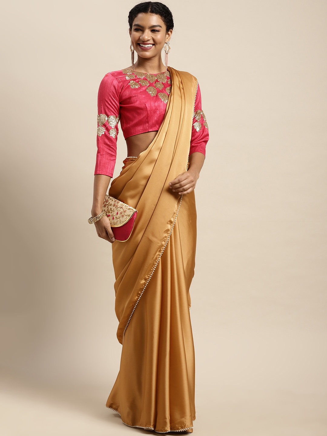 

Mitera Beige Solid Satin Saree