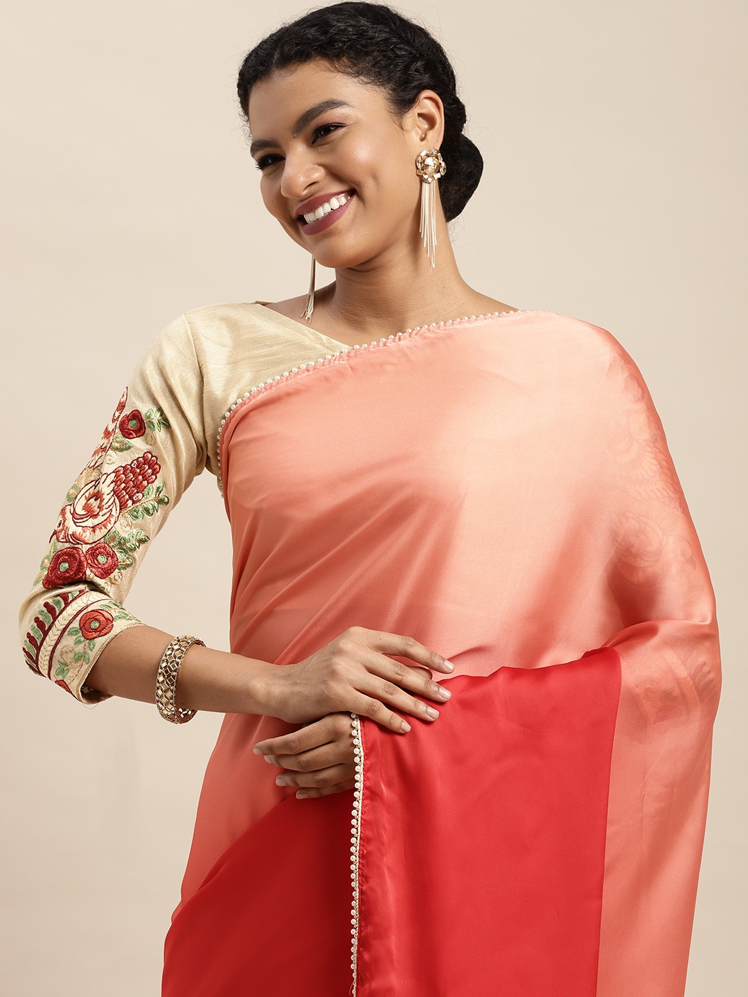 

Mitera Red & Peach-Coloured Satin Colourblocked Half & Half Saree