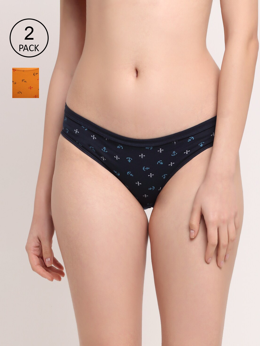 

Friskers Women Pack of 2 Navy Blue & Orange Printed Low Rise HipsterO-324-17-26