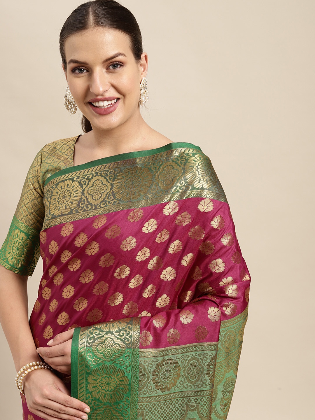 Mitera Burgundy & Golden Ethnic Motifs Zari Silk Blend Kanjeevaram Saree