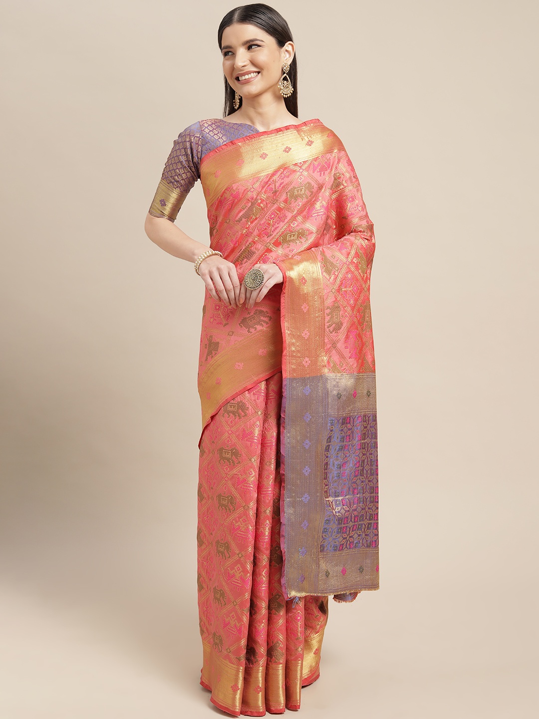 

Mitera Peach-Coloured & Lavender Ethnic Motifs Zari Silk Blend Patola Saree