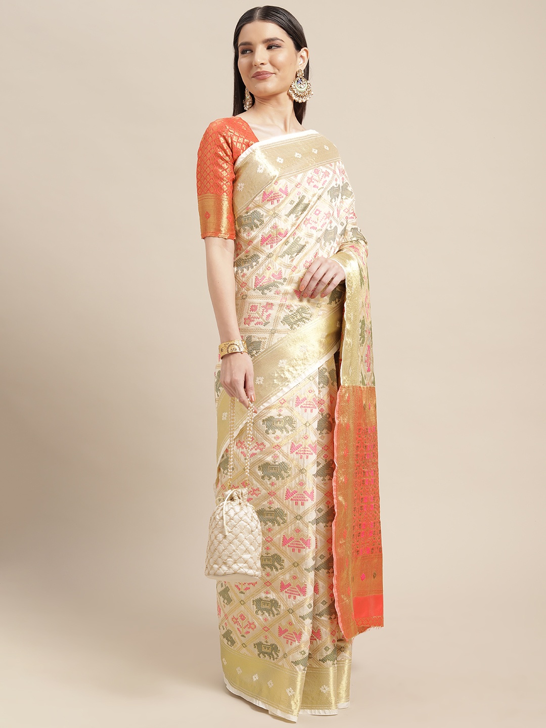 

Mitera Cream-Coloured & Coral Pink Ethnic Motifs Zari Silk Blend Patola Saree