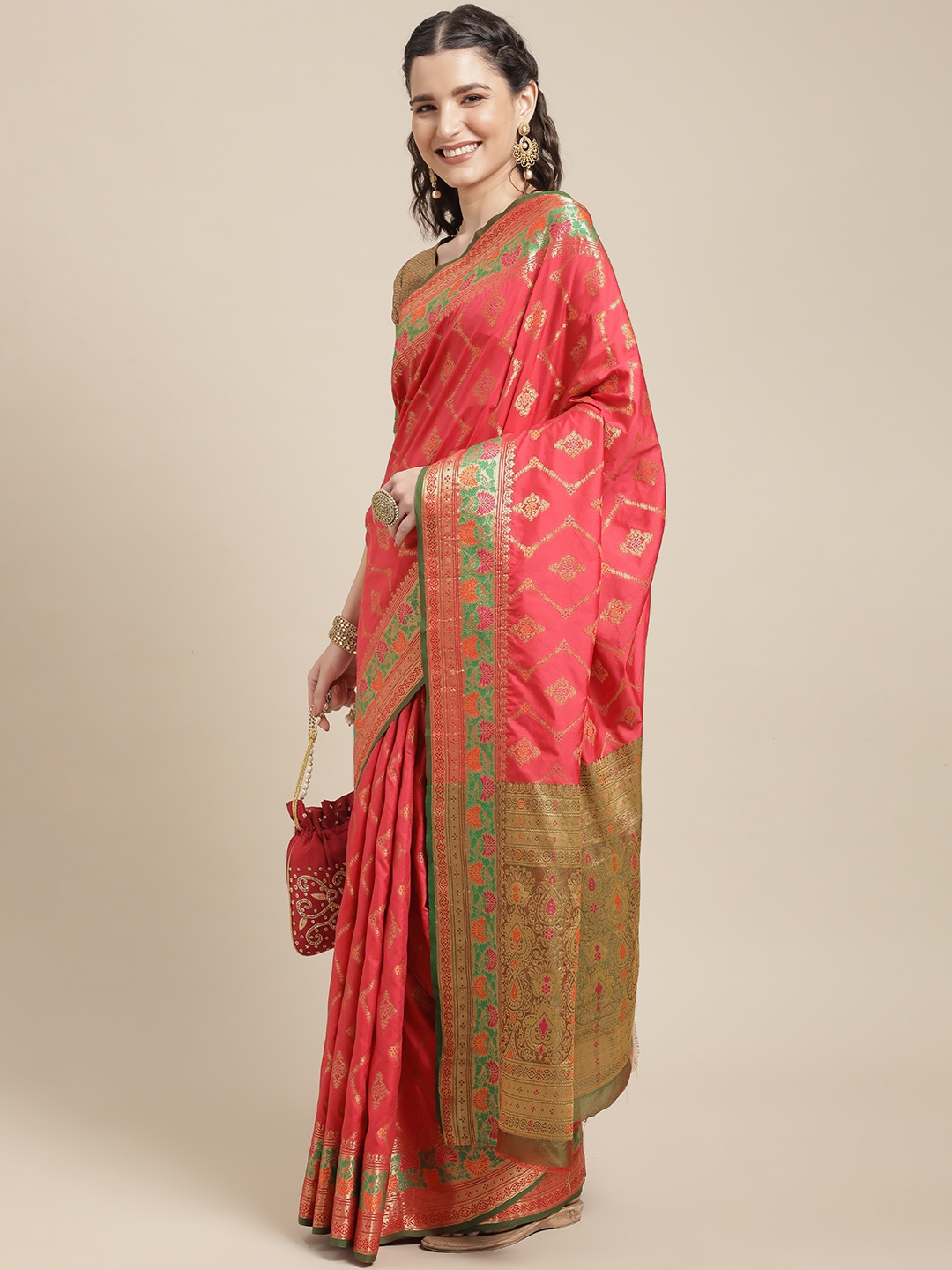 

Mitera Coral Pink & Golden Ethnic Motifs Zari Silk Blend Kanjeevaram Saree