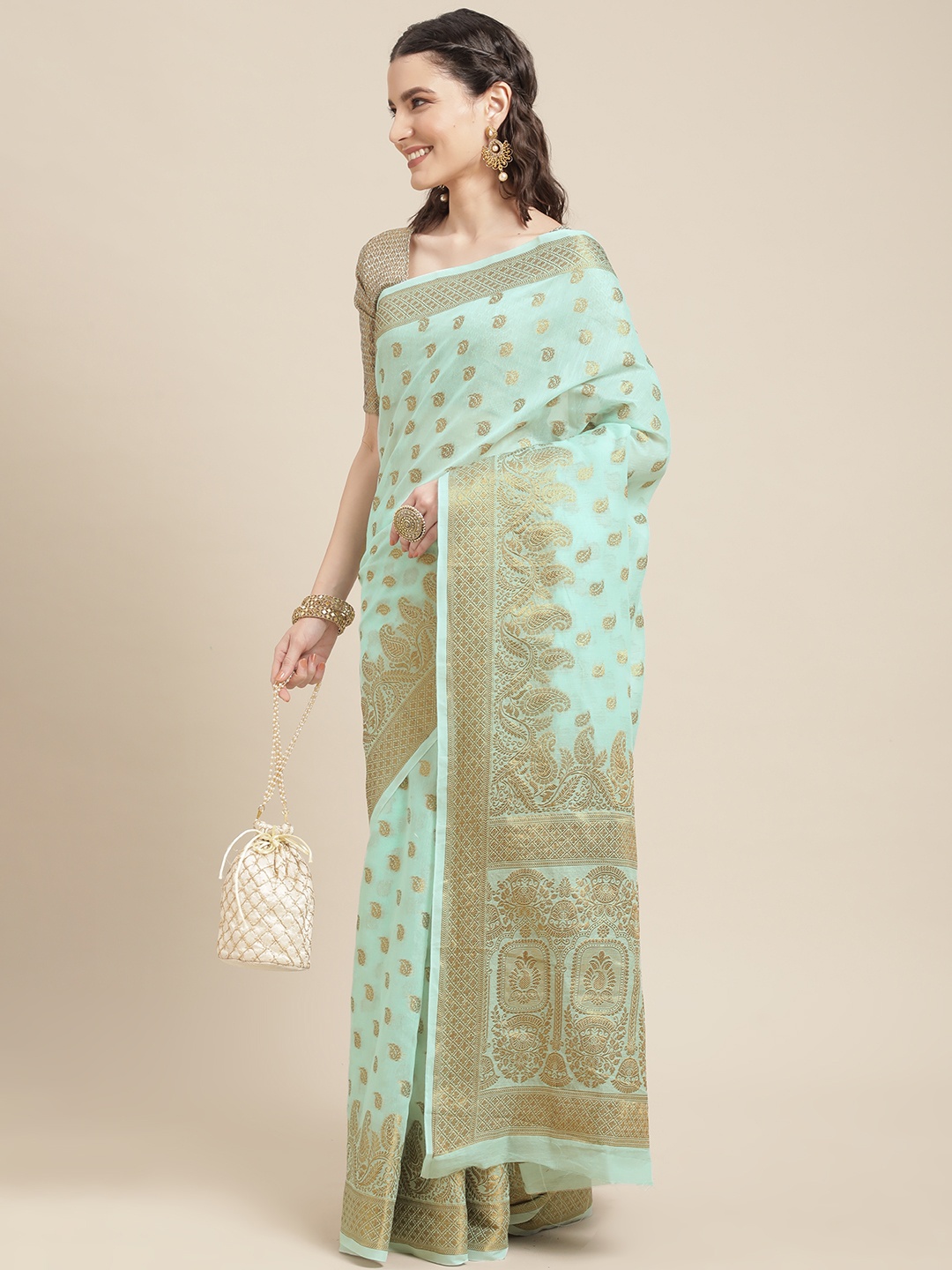 

Mitera Blue & Golden Ethnic Motifs Zari Linen Blend Kanjeevaram Saree