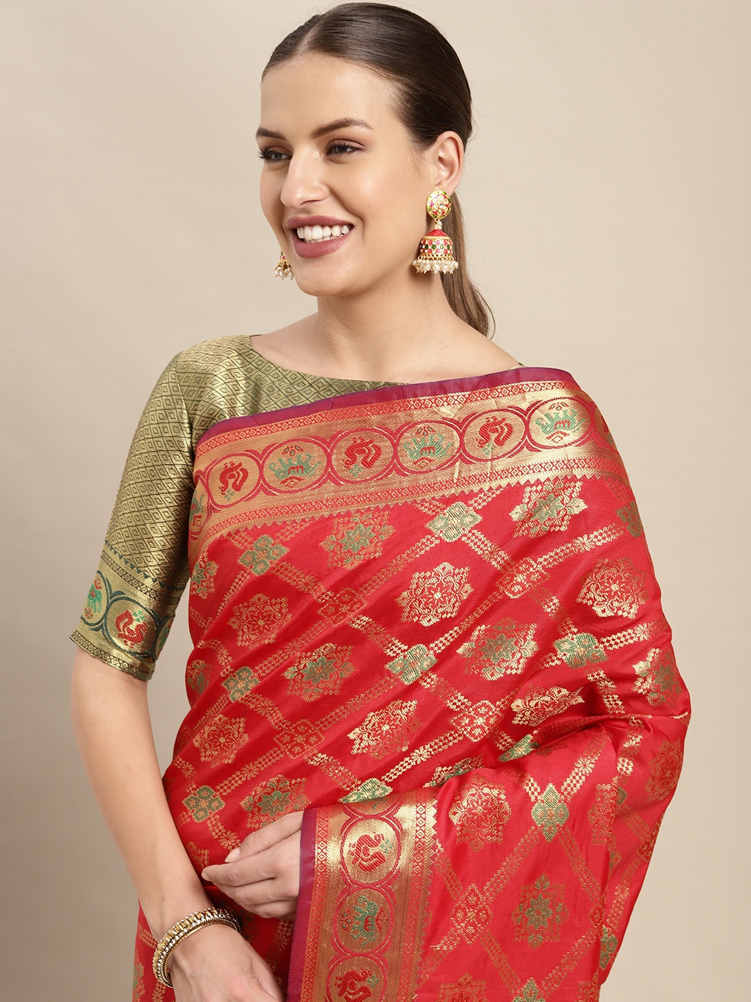 

Mitera Red & Golden Ethnic Motifs Zari Silk Blend Kanjeevaram Saree