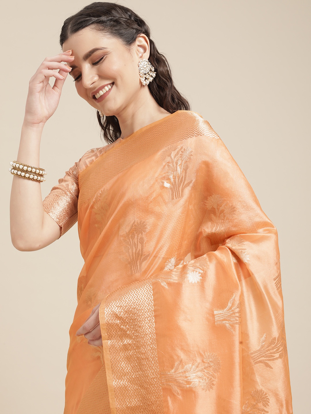 

Mitera Peach-Coloured & Golden Ethnic Motifs Zari Organza Kanjeevaram Saree