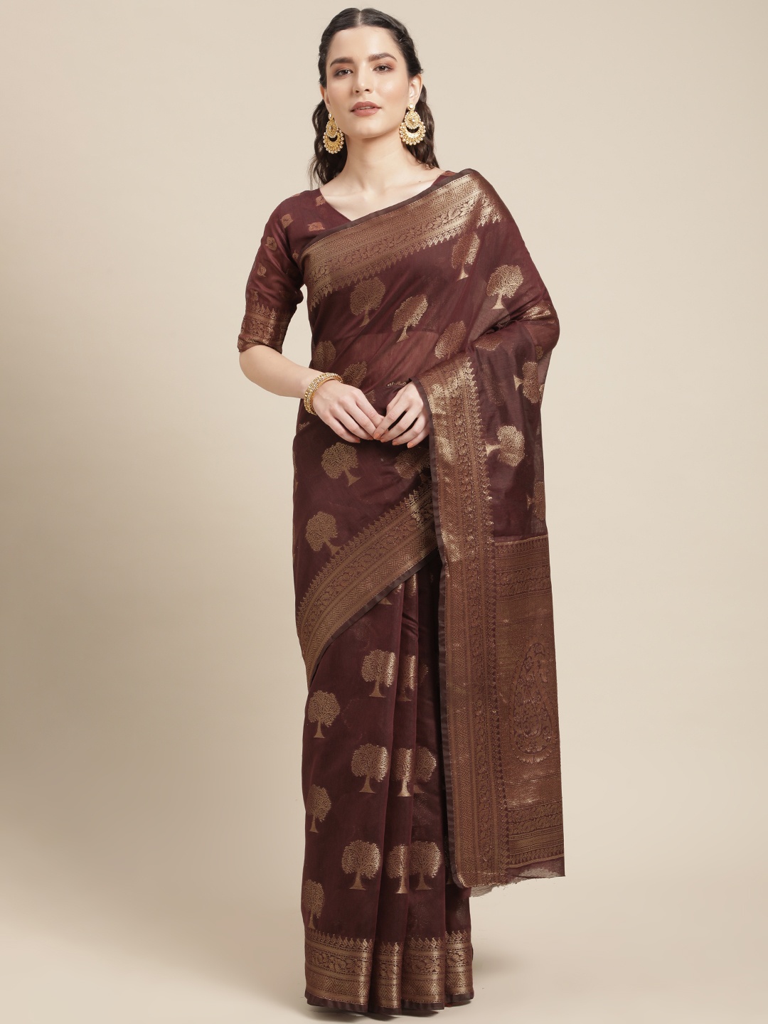 

Mitera Coffee Brown & Gold-Toned Ethnic Motifs Zari Linen Blend Kanjeevaram Saree