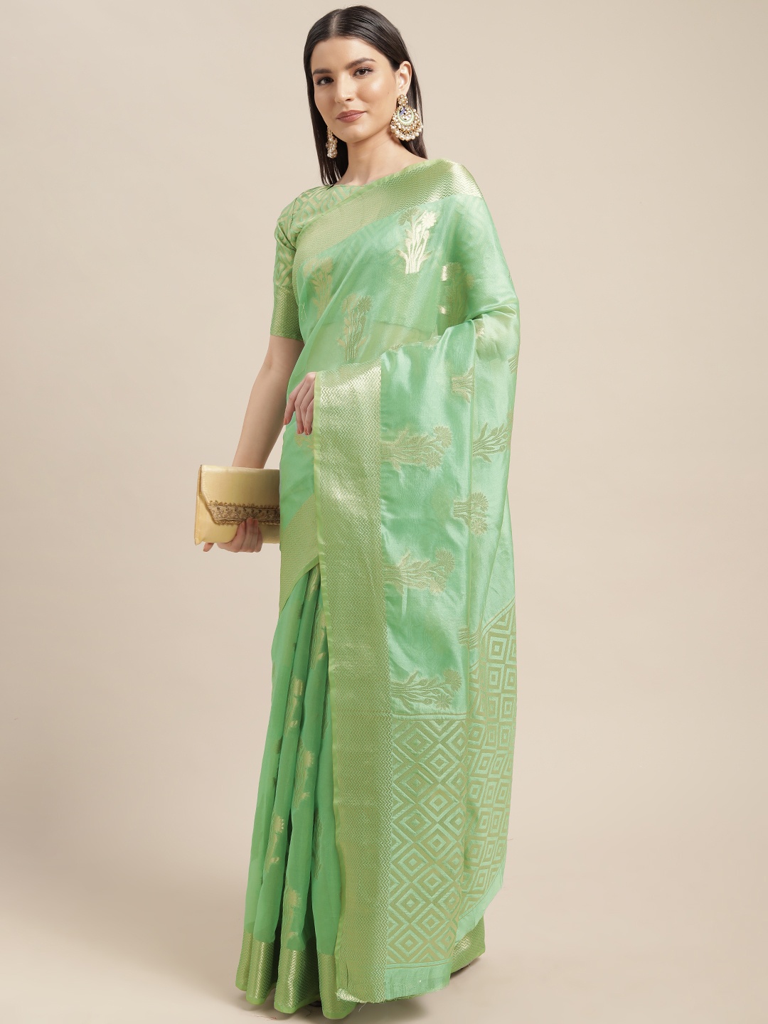 

Mitera Sea Green & Silver Ethnic Motifs Zari Organza Kanjeevaram Saree