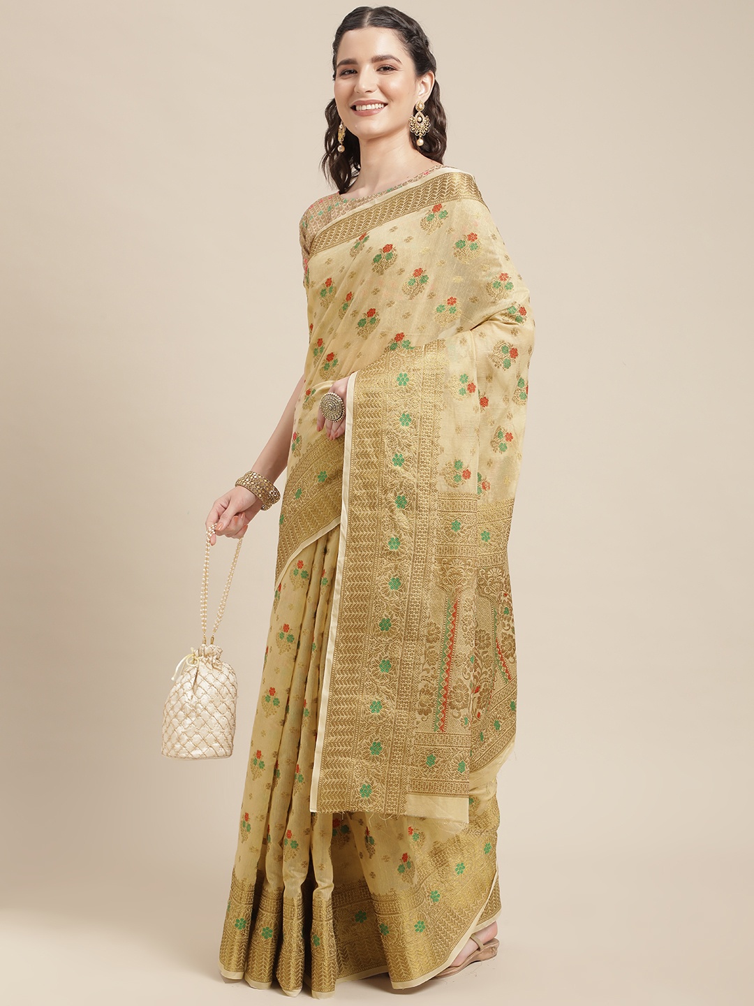 

Mitera Beige & Red Ethnic Motifs Zari Linen Blend Kanjeevaram Saree