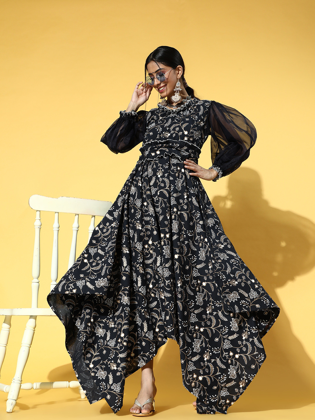 

Yufta Women Deep Navy Blue Ethnic Motifs Swirling Volume Dress