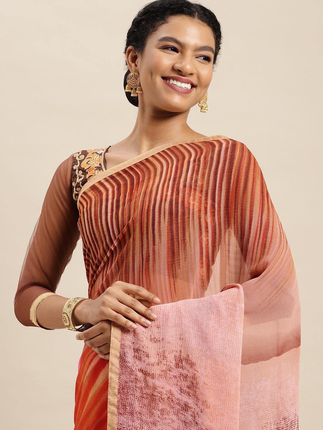 

KALINI Red & Beige Pure Georgette Saree
