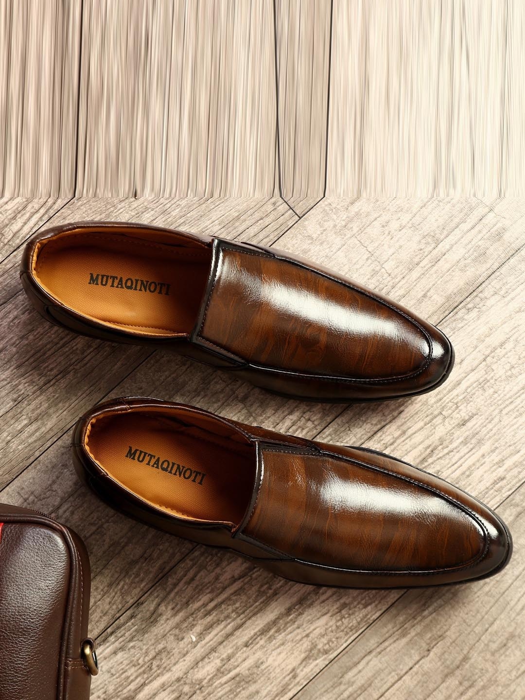 

MUTAQINOTI Men Brown Solid Synthetic Leather Formal Slip-On Shoes