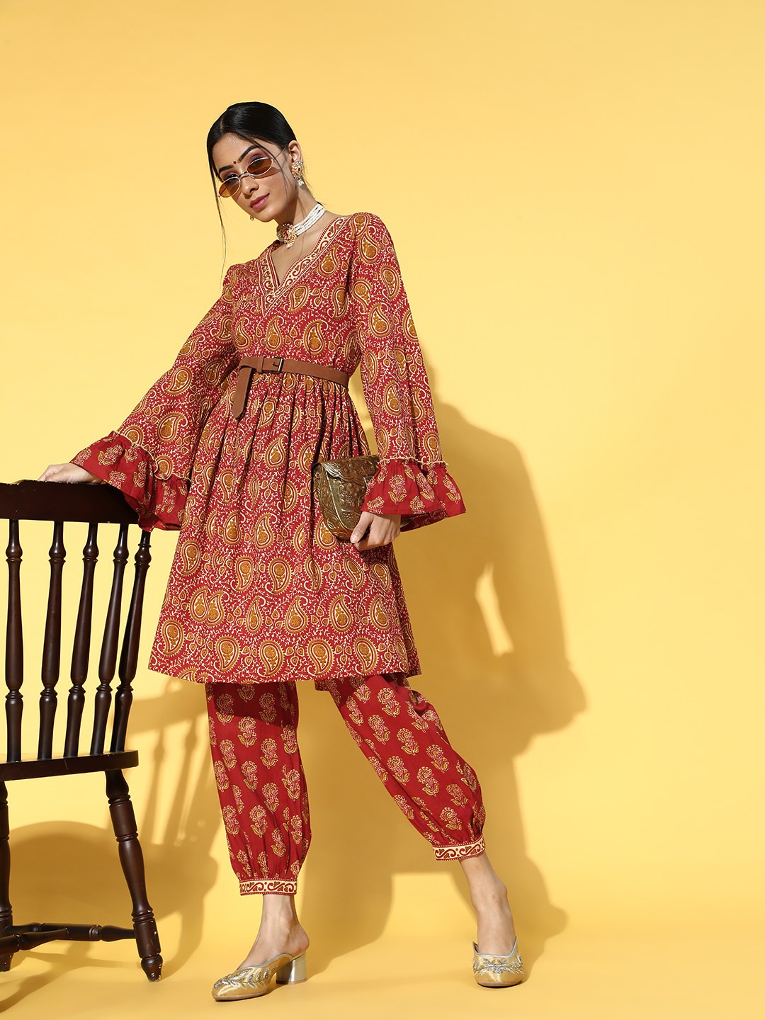 

Yufta Paisley Pure Cotton Nuovo Sleeves Kurta Set, Red